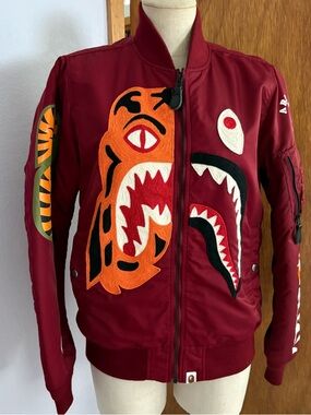 BAPE SHARK sz S Red Maroon Padded Bomber Jacket Bathing Ape Japan